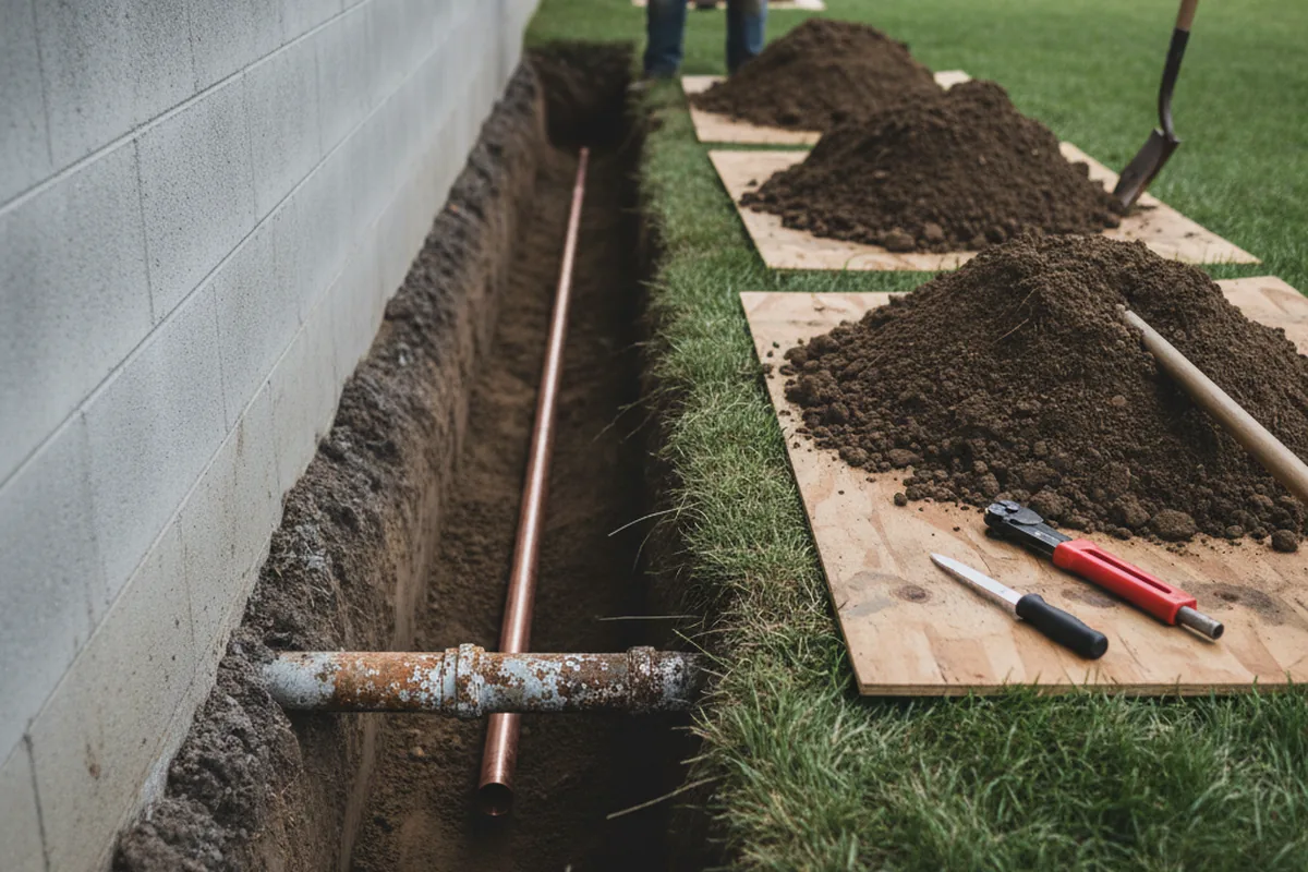 Excavated water line trench during Water Heater Repair in Wayland